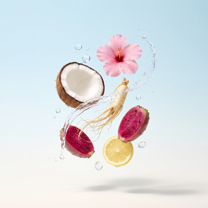 Zutaten von 5AM AGUA: Kokosnuss, Ginseng, Hibiskus, Kaktusfeige und Zitrone mit Wasserspritzern