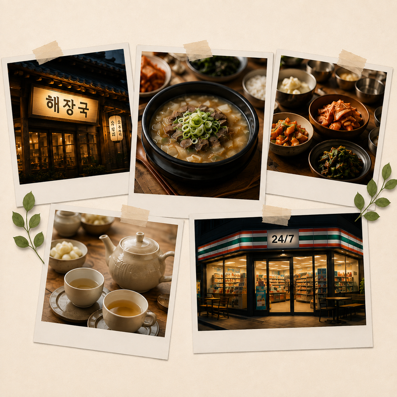 Koreanische Katerkultur: Haejangguk-Restaurant, Suppe, Beilagen, Tee und Convenience Store